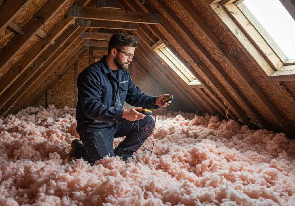 Insulation installer measuring r-value of batt insulation
