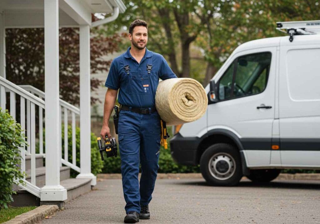 Insulation tech carrying fiberglass insulation roll